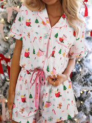 Christmas Print Button Up Top and Shorts Lounge Set OutfitFlow