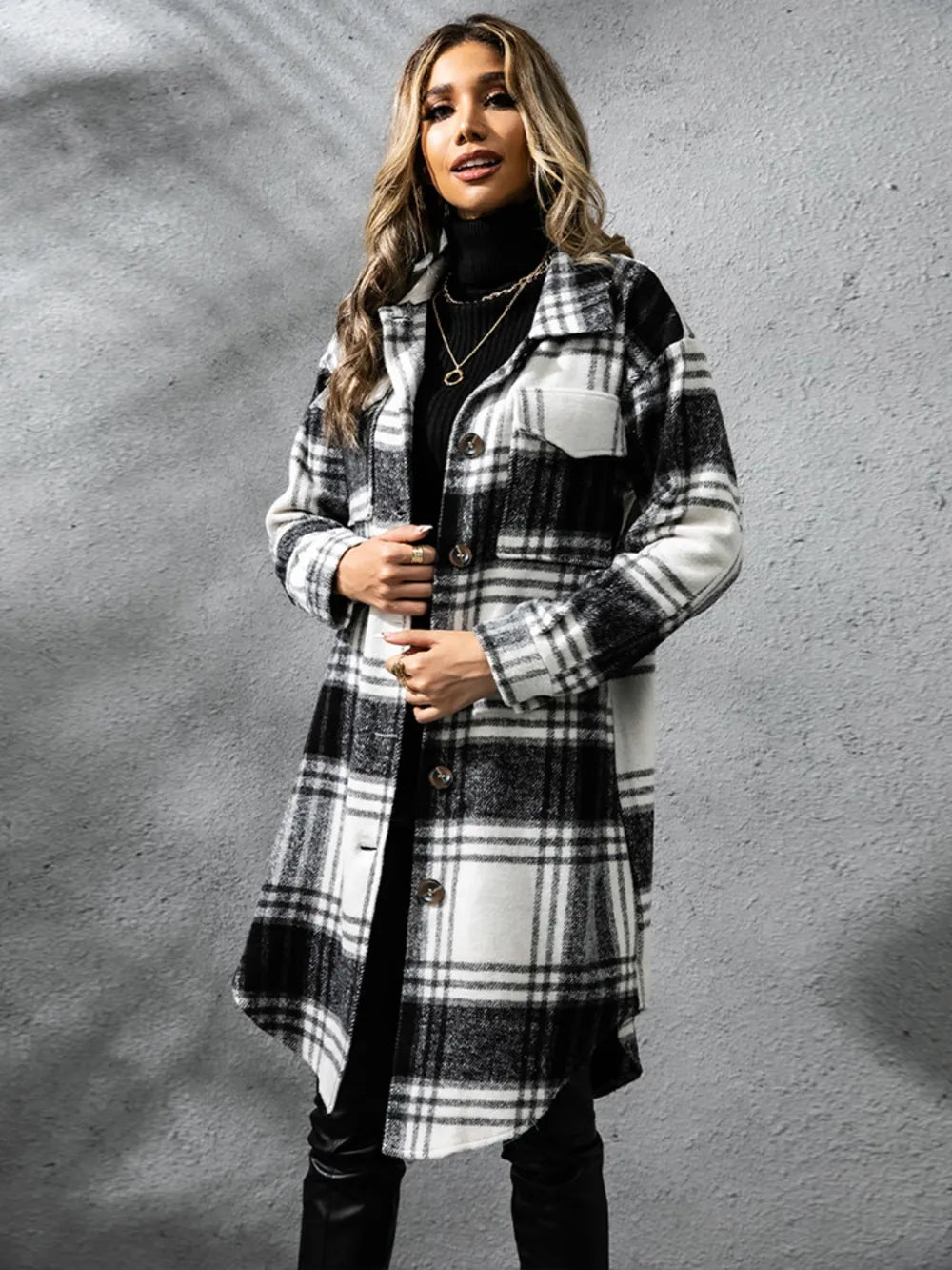 Plaid Collared Neck Long Sleeve Coat OutfitFlow