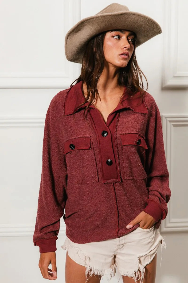 BiBi Cp French Terry Cut Edge Detail Collared Top OutfitFlow