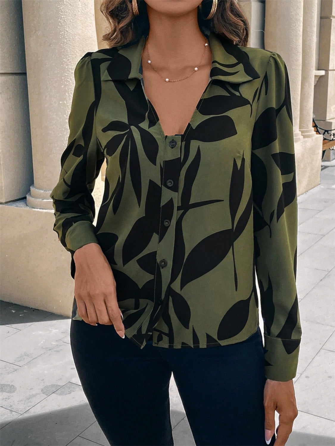 Outfit Flow - Printed Collared Neck Long Sleeve Shirt