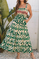 Western Aztec Shirred A-line Sleeveless Maxi Dress OutfitFlow