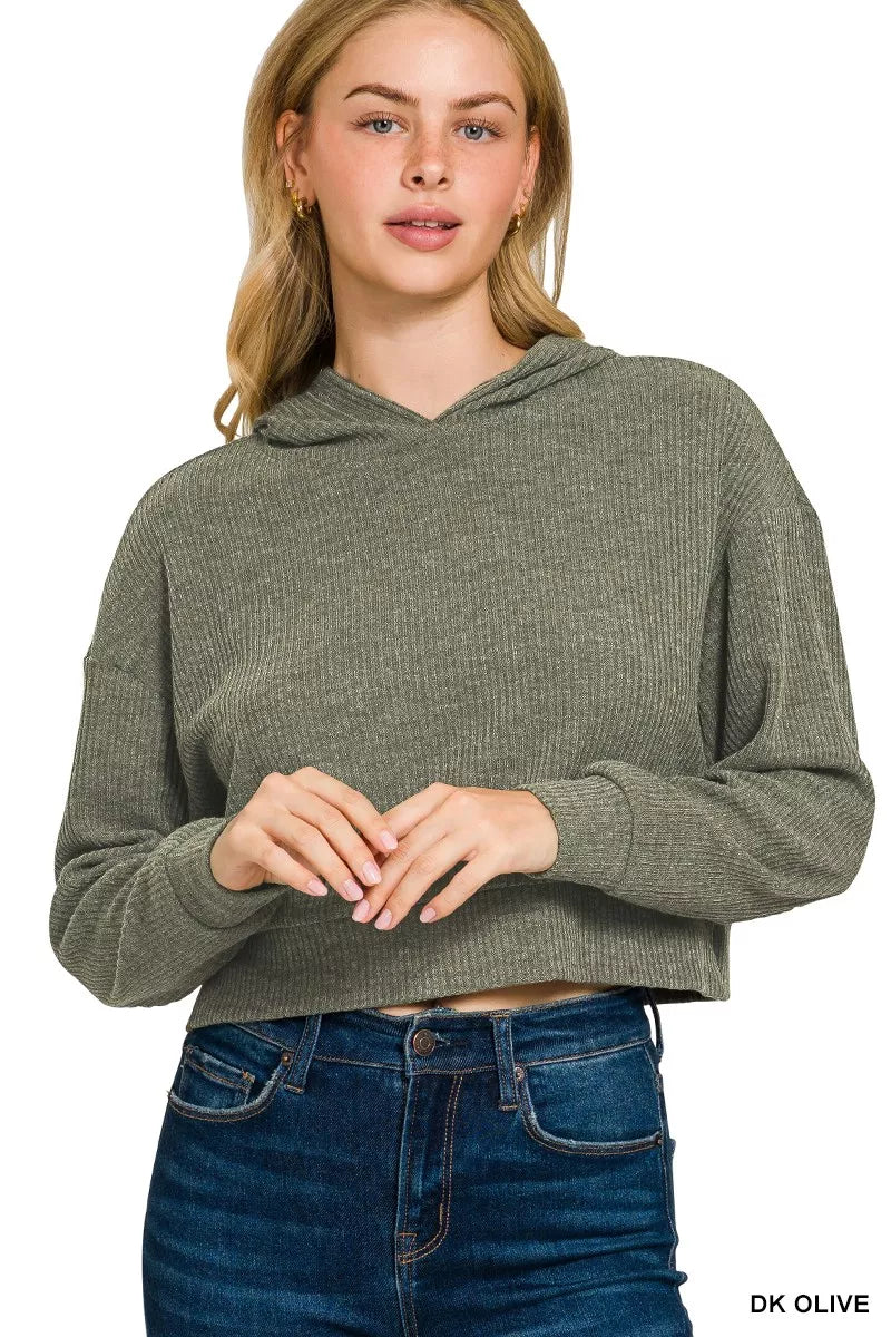 Zenana Drop Shoulder Ribbed Crop Hoodie DK OLIVE OutfitFlow