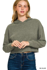 Zenana Drop Shoulder Ribbed Crop Hoodie DK OLIVE OutfitFlow