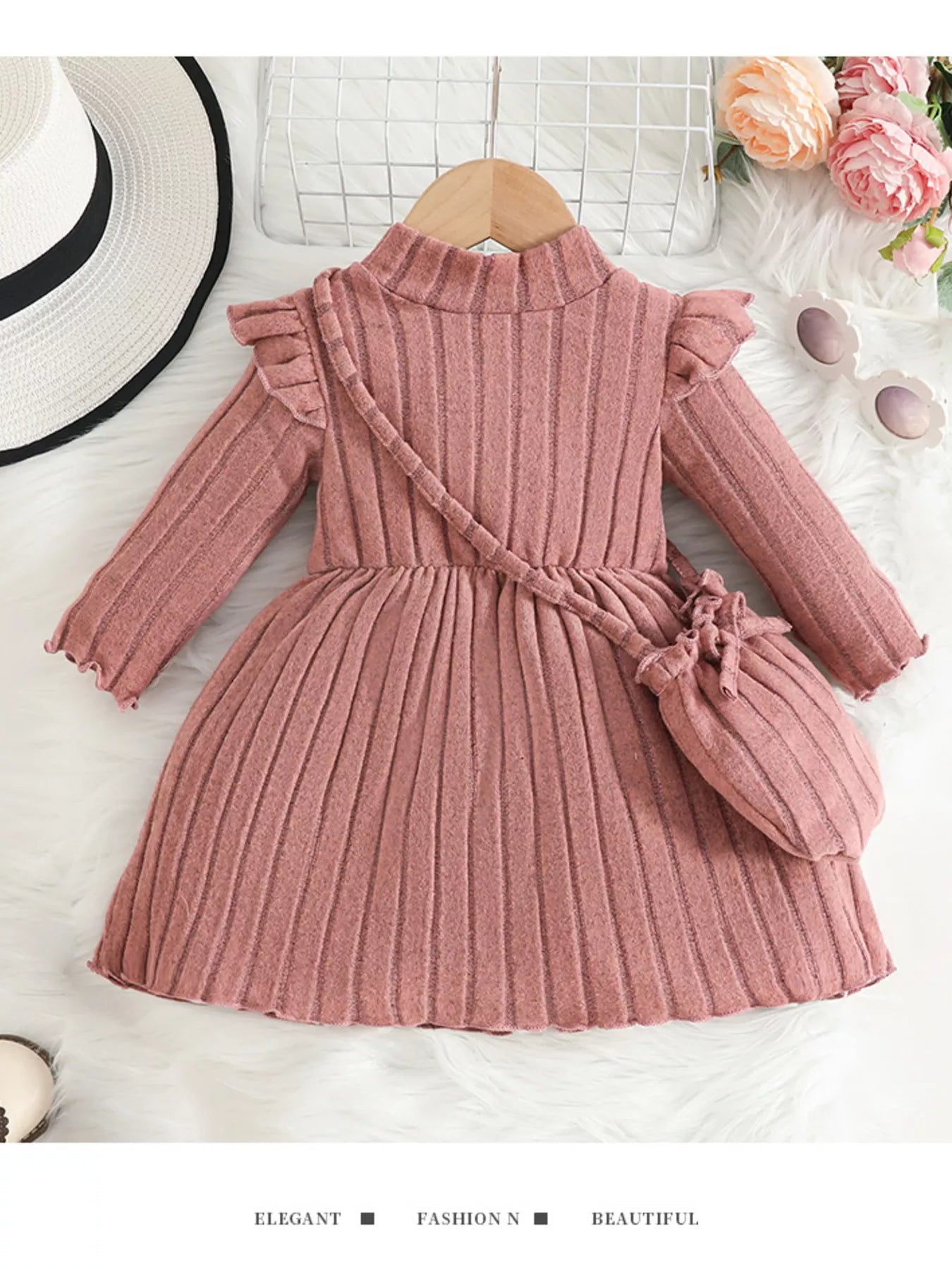 Children's Ribbed Knit Ruffle Trim Dress with Bag Pink Trendsi