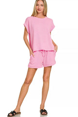 Zenana Raised Rib Cap Sleeve Top & Shorts Set OutfitFlow