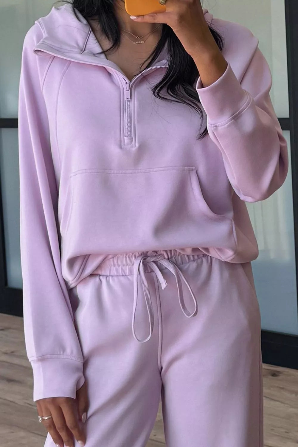 Half Sleeve Kangaroo Pocket Hoodie and Pants Set OutfitFlow