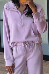 Half Sleeve Kangaroo Pocket Hoodie and Pants Set OutfitFlow