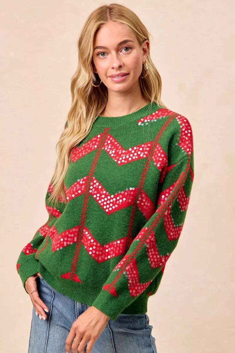 BiBi Christmas Theme Chevron Sequins Detail Sweater OutfitFlow