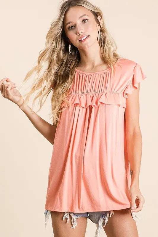 BiBi Jersey Knit Gathered Top with Ruffles OutfitFlow
