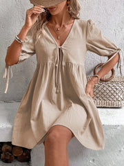 V-Neck Tie-Front Mini Dress with Puff Sleeves OutfitFlow