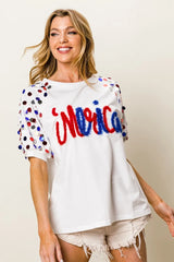 BiBi Metallic Letter Spangle Raglan Puff Sleeve Top OutfitFlow