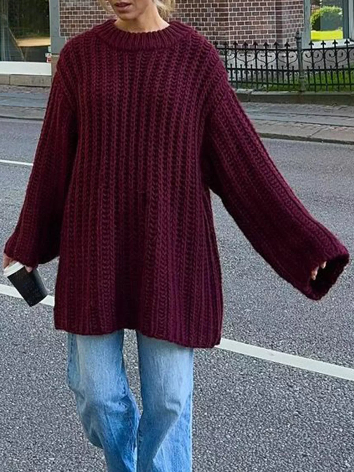 Oversized Chunky Knit Round Neck Sweater Burgundy OutfitFlow