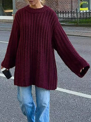 Oversized Chunky Knit Round Neck Sweater Burgundy OutfitFlow