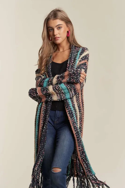 ADORA Multi Colour Sweater Long Cardigan with Fringes OutfitFlow