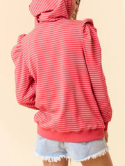 Striped Puff Sleeve Hoodie with Drawstring OutfitFlow