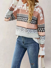 Geometric Pattern Round Neck Sweater OutfitFlow