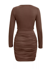 Draped V-Neck Long Sleeve Bodycon Mini Dress OutfitFlow