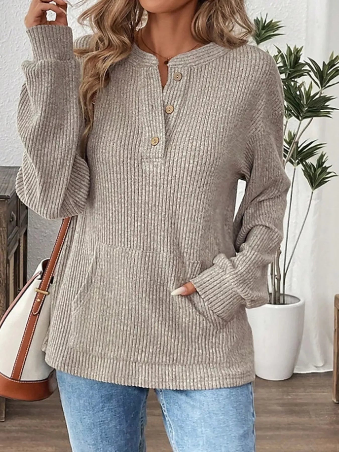 Ribbed Button Detail Long Sleeve T-Shirt Khaki OutfitFlow