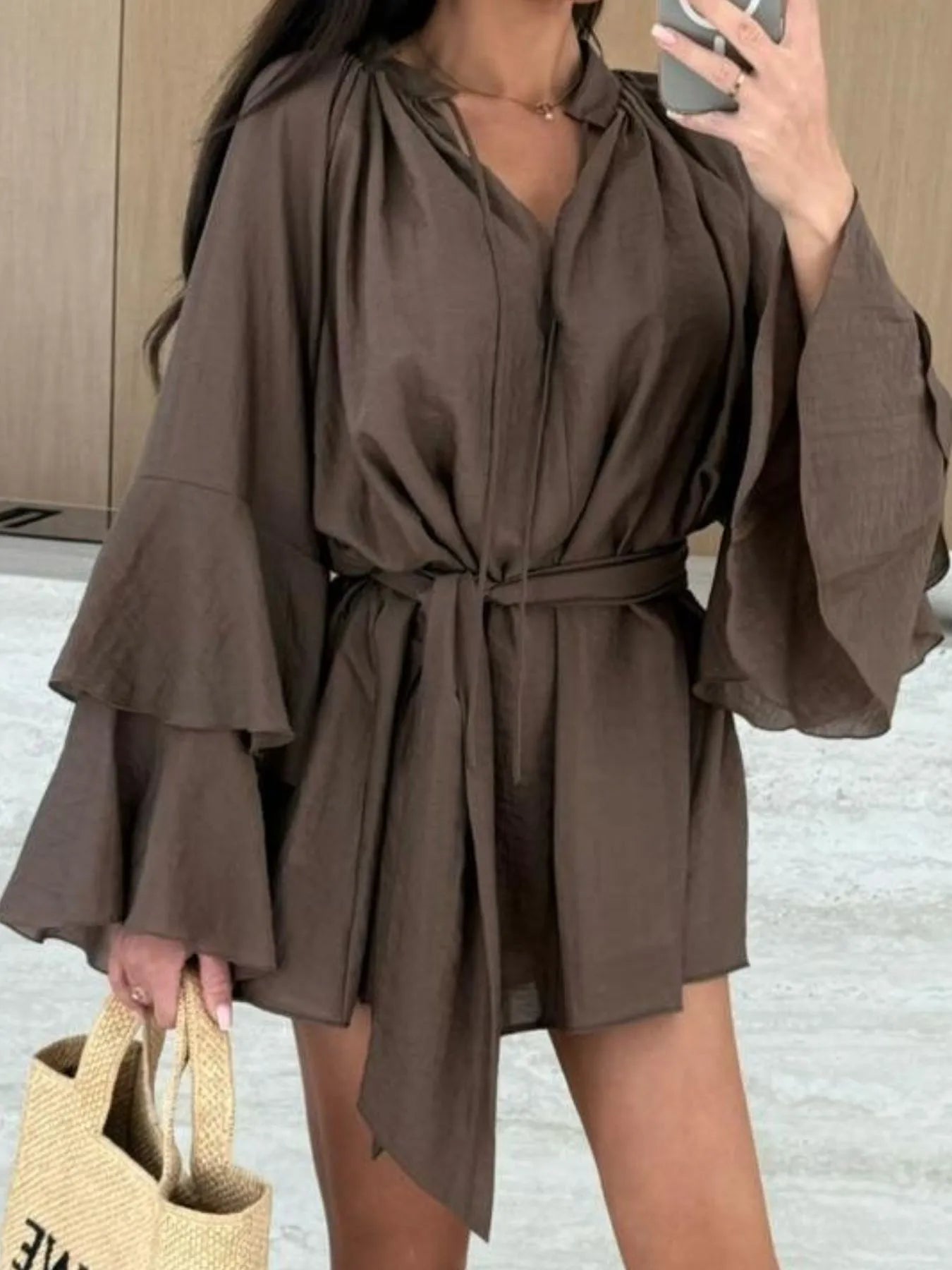 Bell Sleeve Tie Waist Mini Shirt Dress OutfitFlow