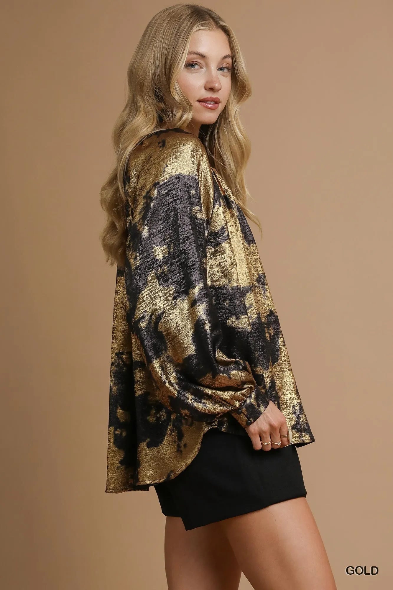 Umgee Metallic Fabric Blouse with Balloon Sleeves OutfitFlow