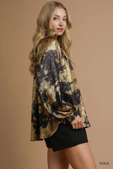 Umgee Metallic Fabric Blouse with Balloon Sleeves OutfitFlow