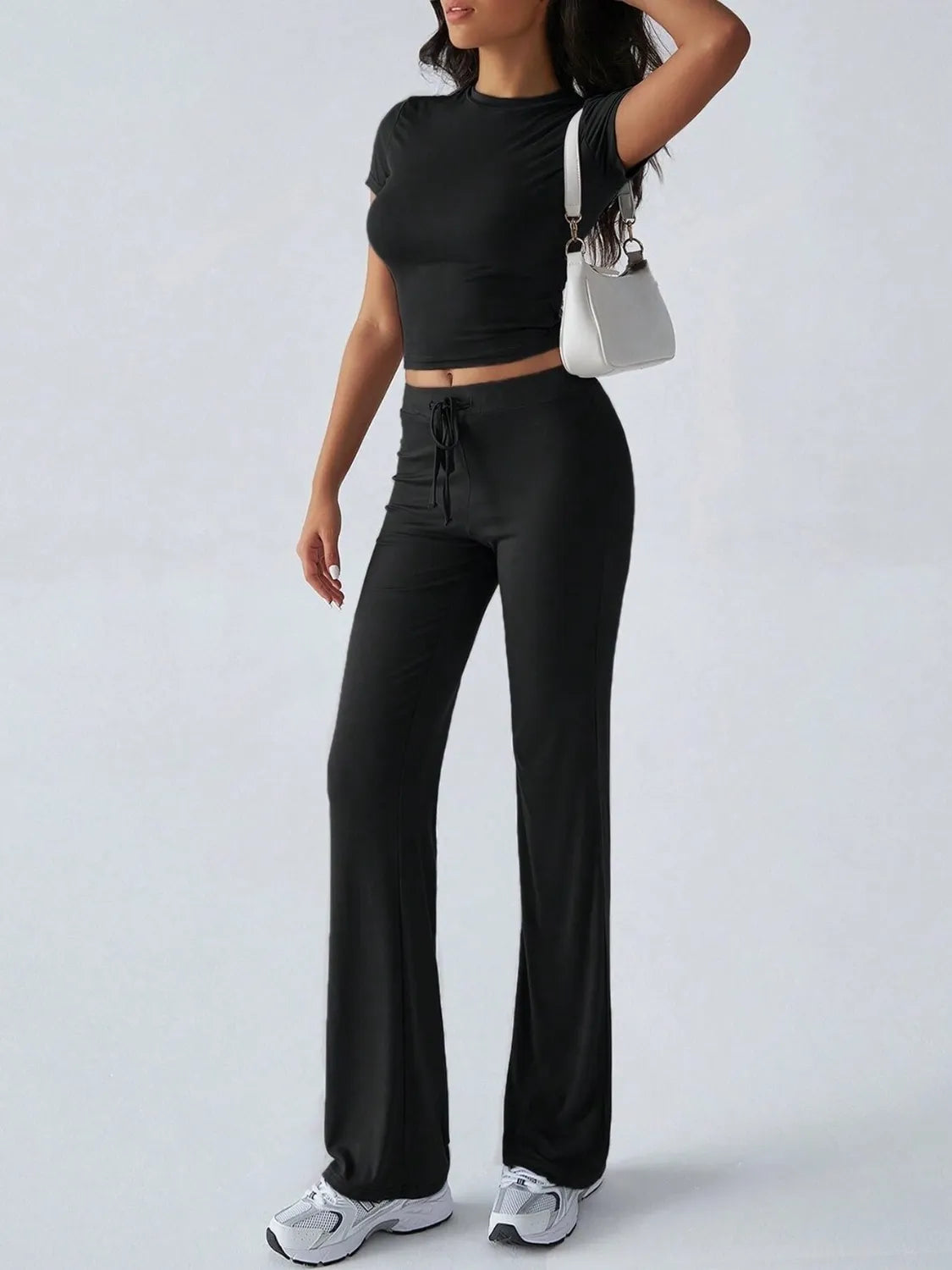 Round Neck Short Sleeve Top and Pants Set OutfitFlow