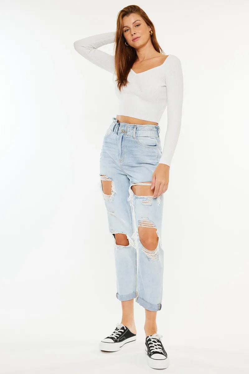 Kancan Open Pack Paperbag Mom Jeans OutfitFlow