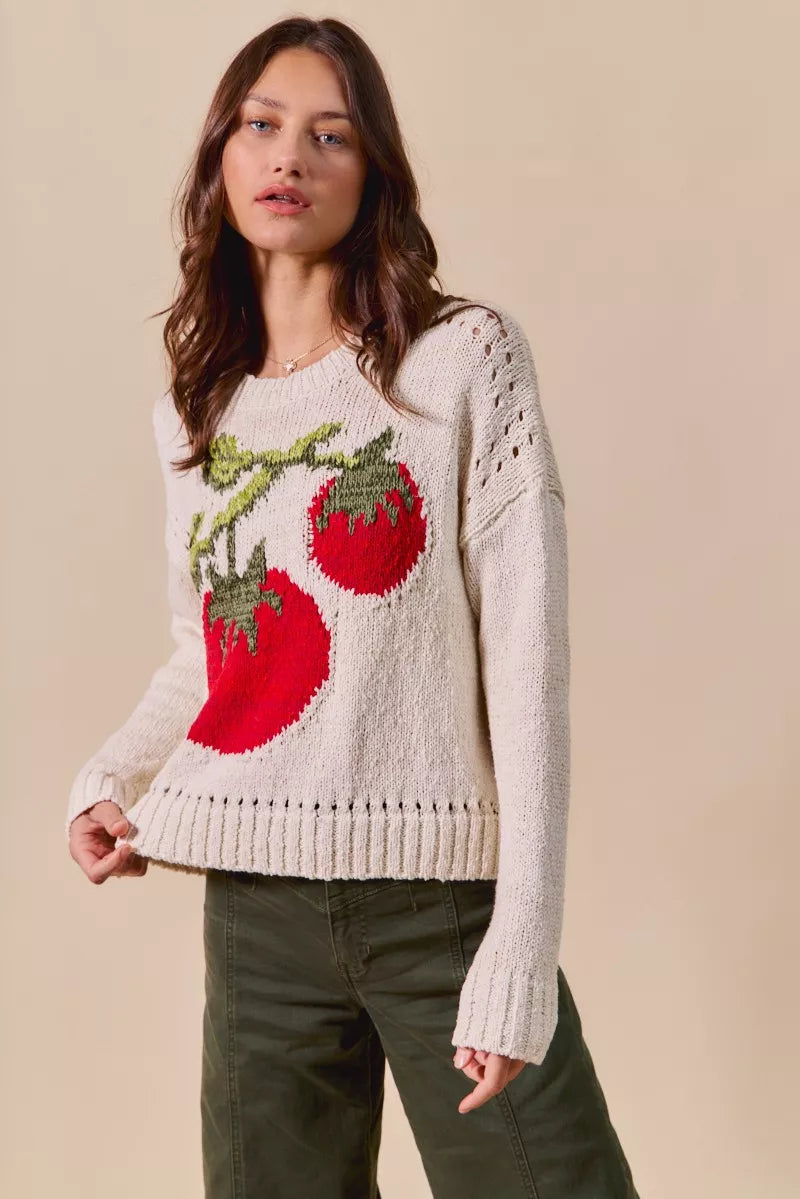 SO ME Vegetable Round Neck Long Sleeve Sweater OutfitFlow