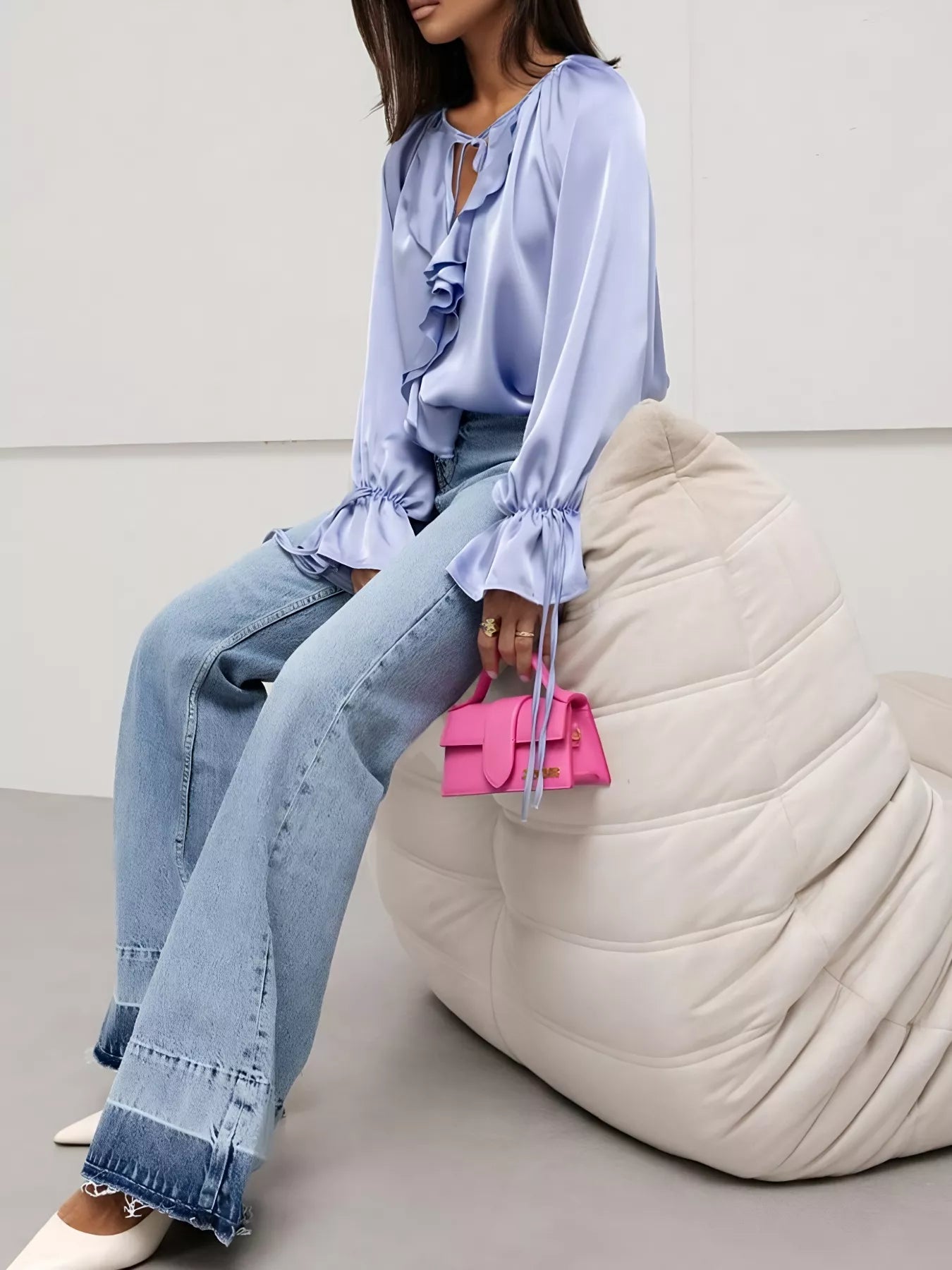 Ruffle Trim Satin Flounce Sleeve Blouse OutfitFlow