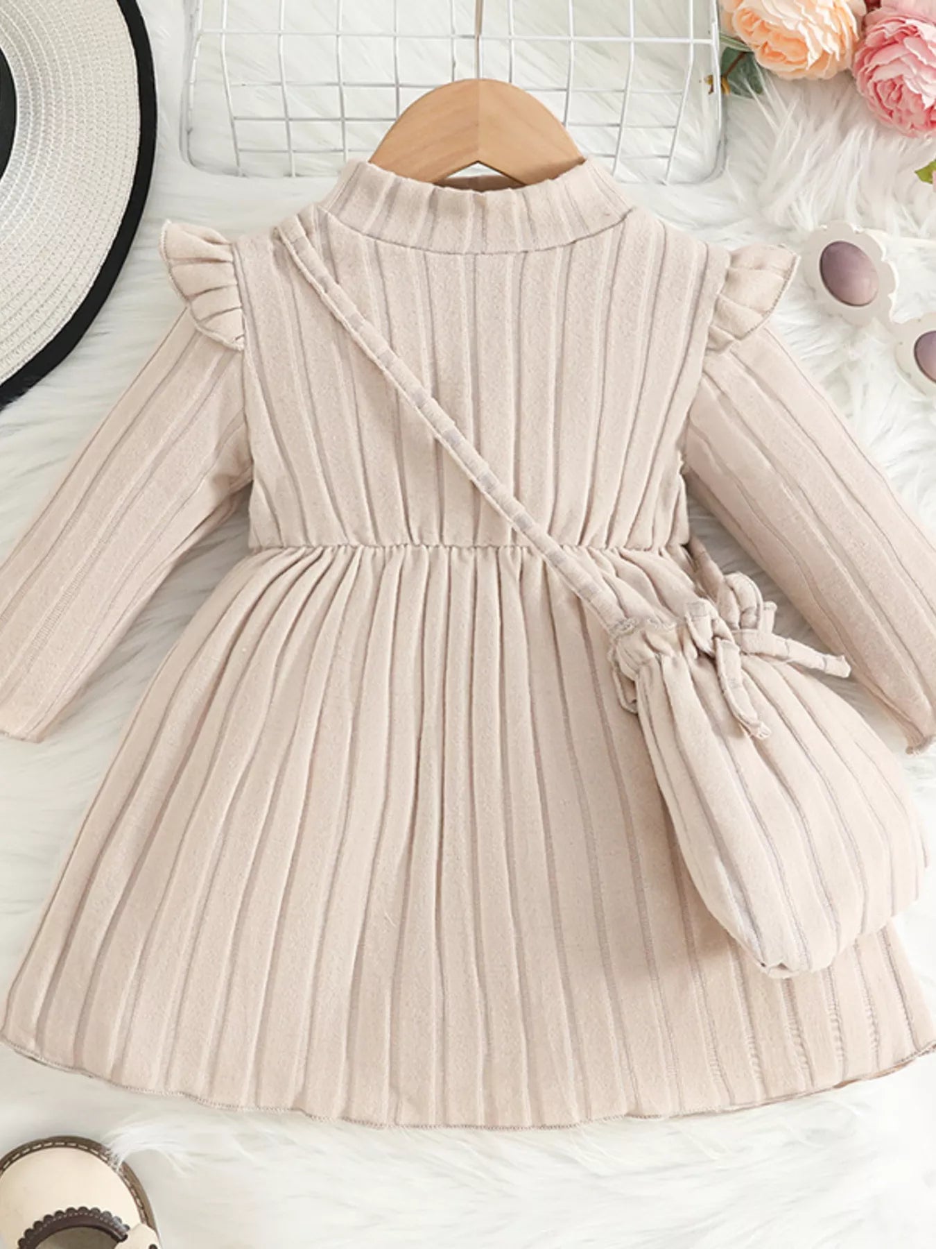 Children's Ribbed Knit Ruffle Trim Dress with Bag Apricot Trendsi