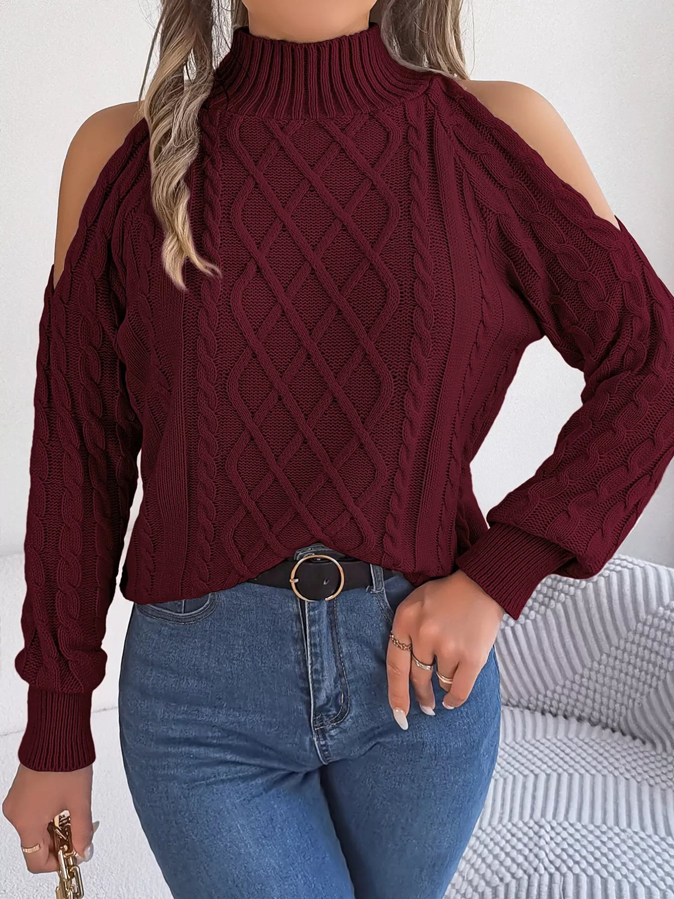 Cable Knit Cold Shoulder Turtleneck Sweater OutfitFlow