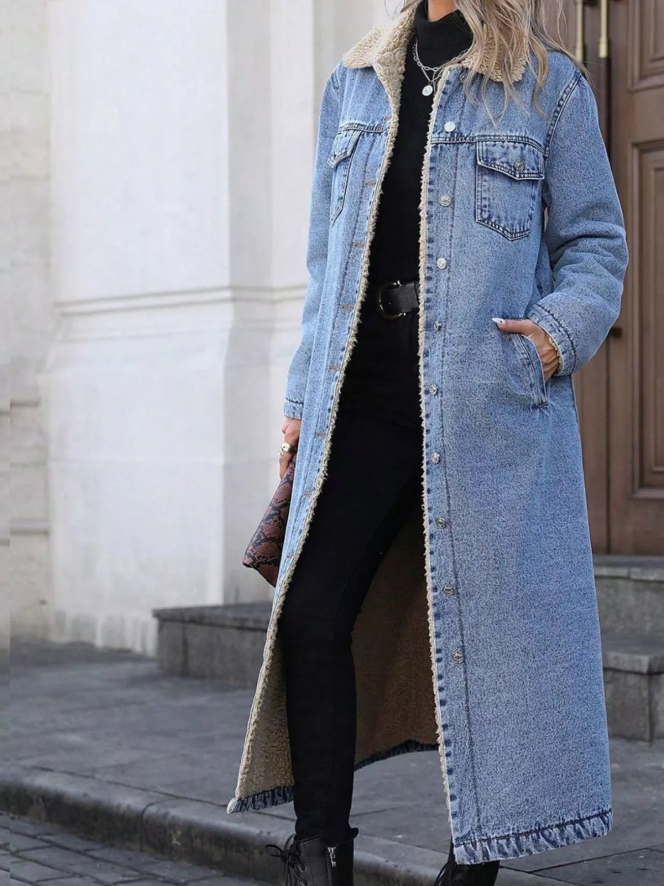 Sherpa Lined Longline Denim Jacket Light OutfitFlow