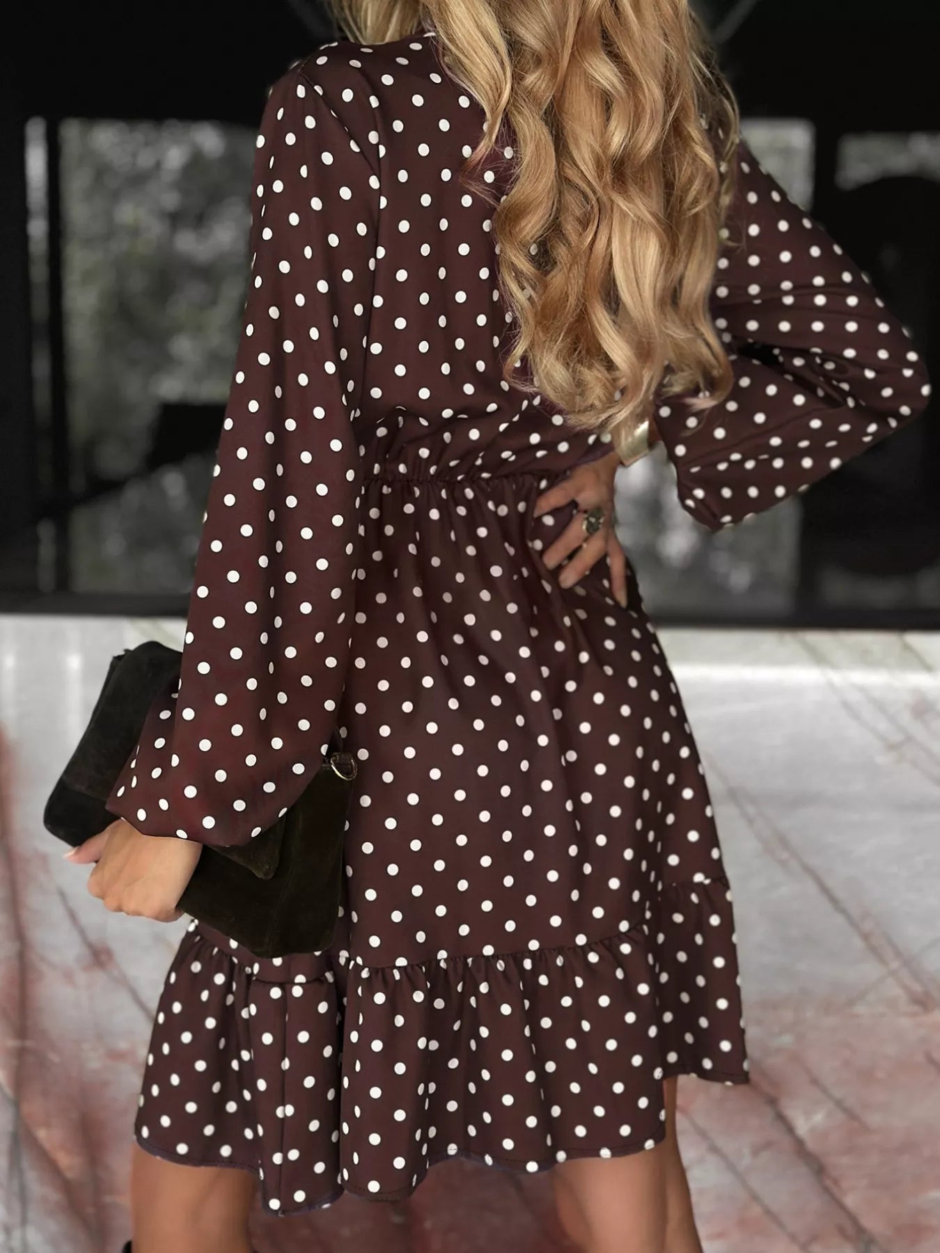 Plus Size Polka Dot Ruffle Hem Mini Dress Chocolate OutfitFlow