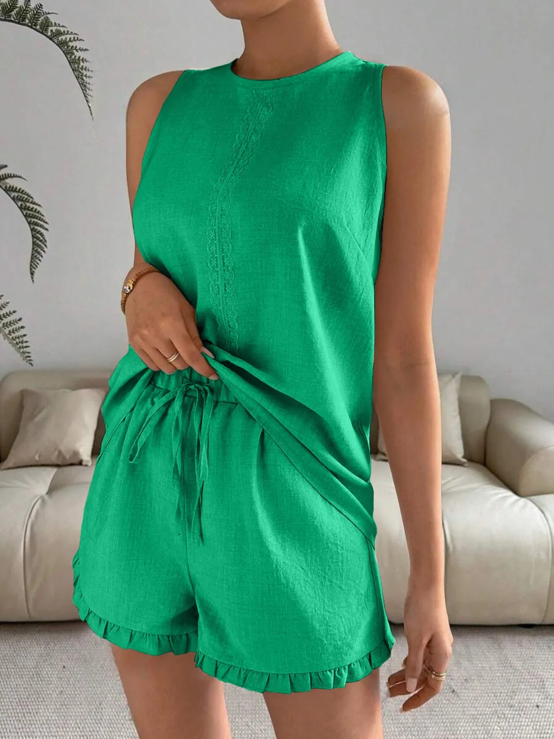 Lace Detail Round Neck Tank and Shorts Set OutfitFlow