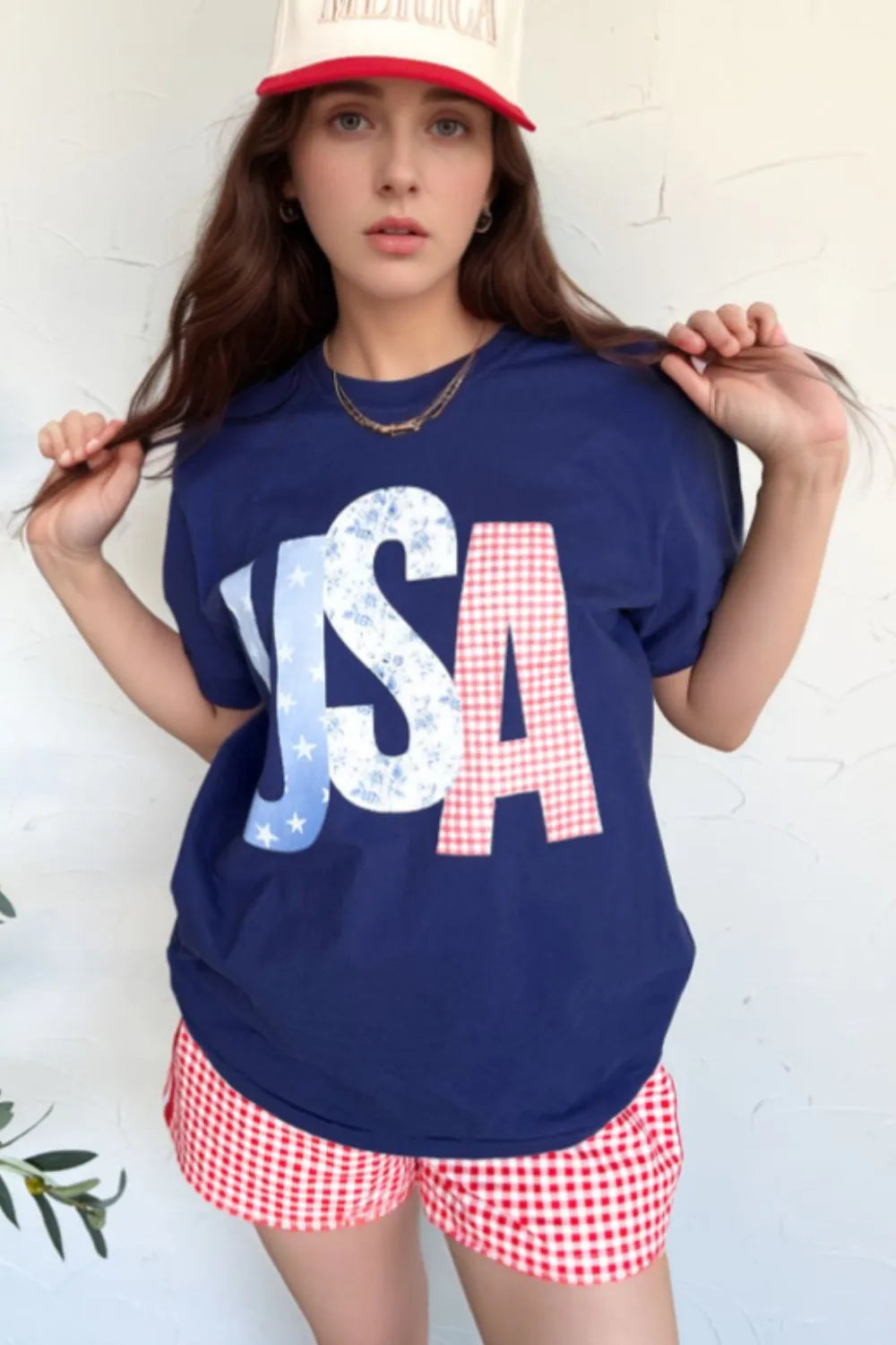 USA Letter Round Neck T-Shirt OutfitFlow