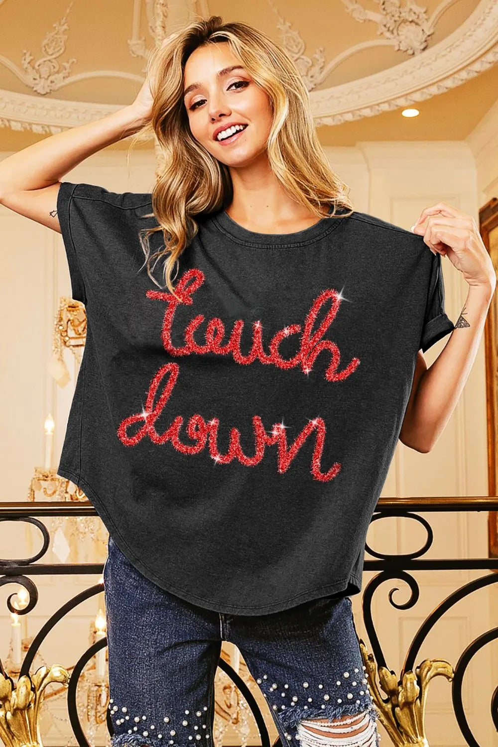BiBi Touchdown Metallic Letter Vintage Washed Top BLACK CHARCOAL RED OutfitFlow