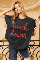 BiBi Touchdown Metallic Letter Vintage Washed Top BLACK CHARCOAL RED OutfitFlow