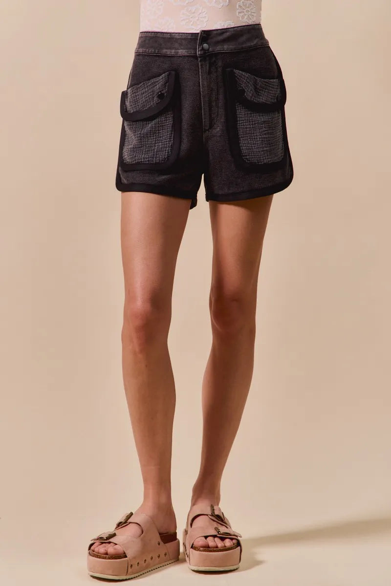 SO ME Mineral Washed Terry High Rise Cargo Shorts OutfitFlow