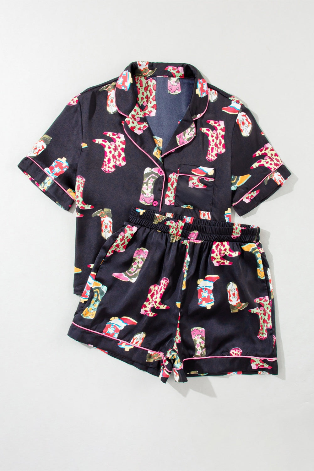 Outfit Flow - Printed Button Up Short Sleeve Top and Shorts Lounge Set