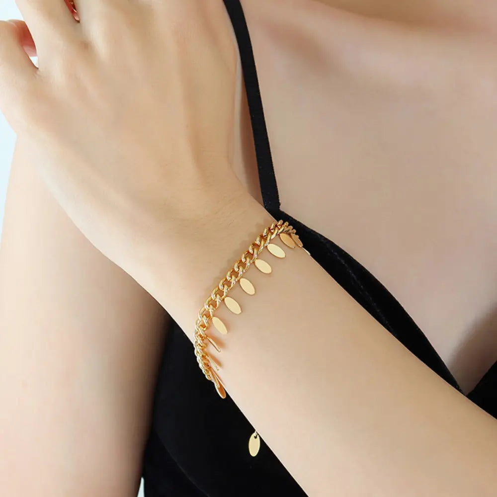 Titanium Steel Leaf Charm Bracelet Gold One Size OutfitFlow