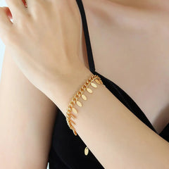 Titanium Steel Leaf Charm Bracelet Gold One Size OutfitFlow