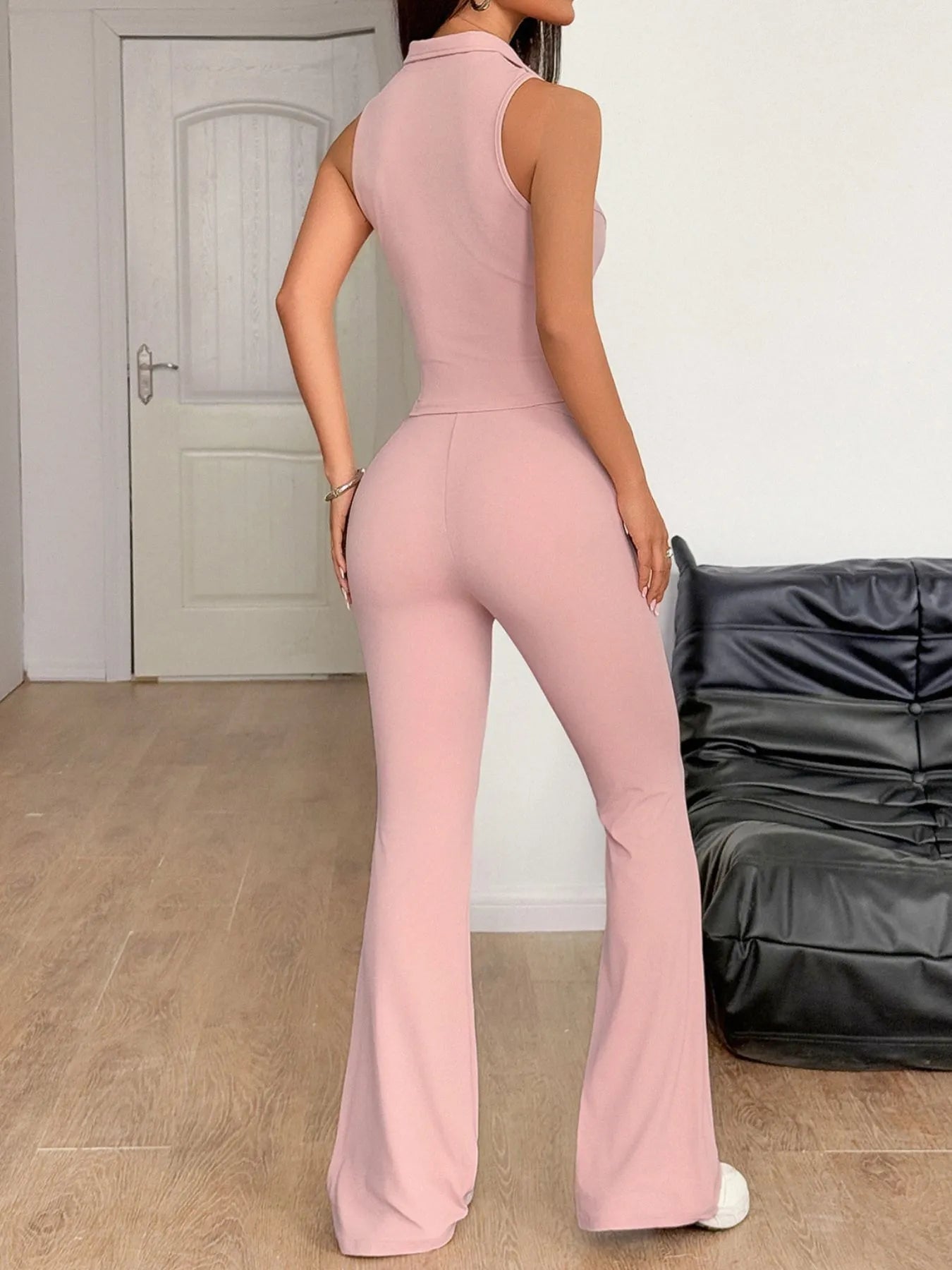 Sleeveless Zip Front Top and Pants Set OutfitFlow