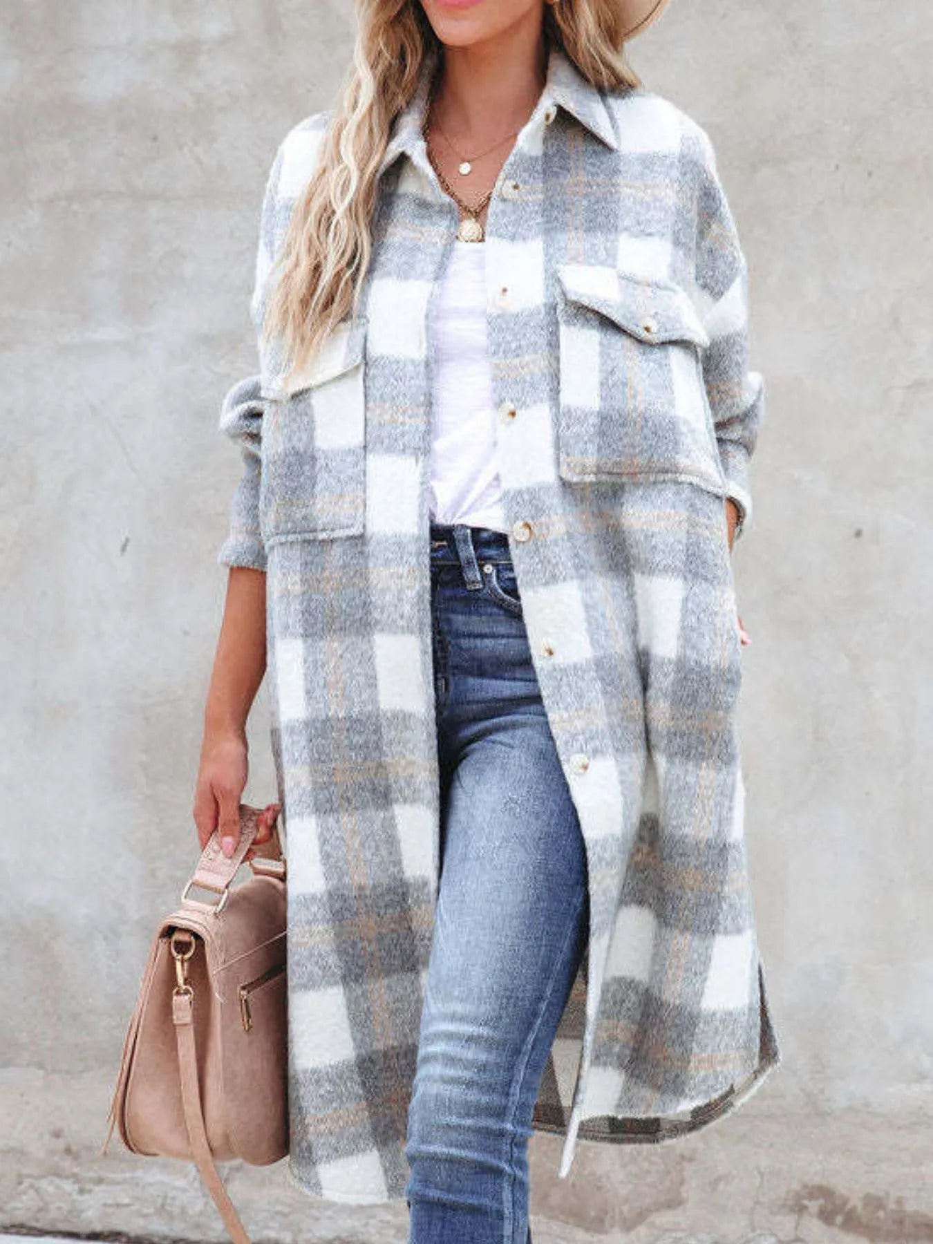 Oversized Plaid Button Up Longline Jacket OutfitFlow
