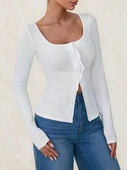 Long Sleeve Scoop Neck Tie Front T-Shirt OutfitFlow