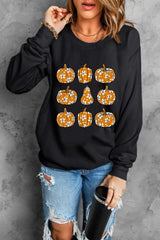 Pumpkin Round Neck Long Sleeve Sweatshirt Black OutfitFlow
