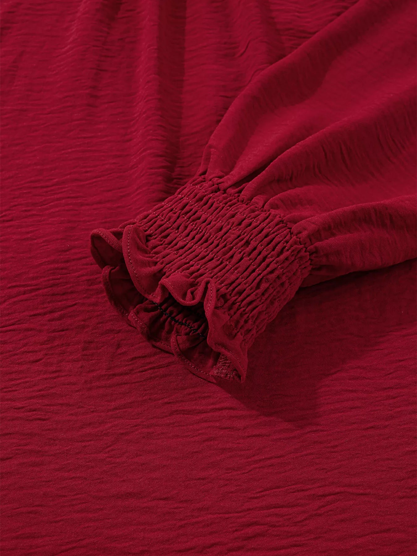 Notched Neck Shirred Cuff Long Sleeve Blouse OutfitFlow