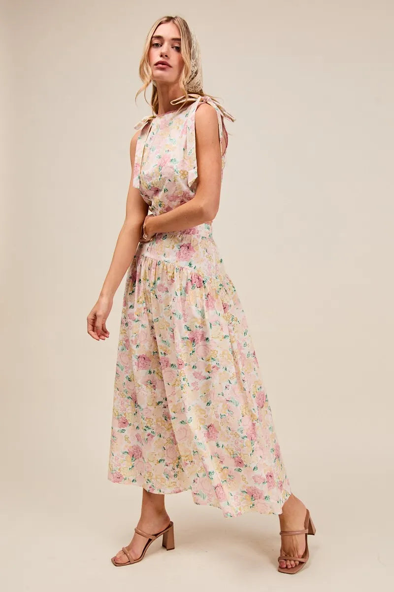 SO ME Floral Printed Woven Shoulder Bow Tie Top and Skirt Set OutfitFlow
