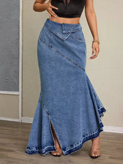 High-Waist Asymmetrical Slit Denim Maxi Mermaid Skirt OutfitFlow