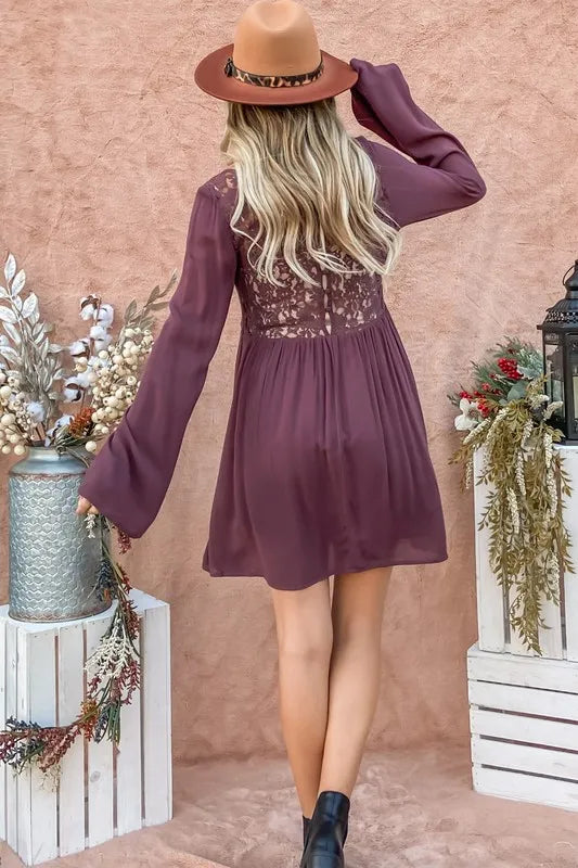 And The Why Back Lace Button Down Detail Bell Sleeve Dress OutfitFlow