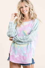 BiBi Tie Dye Terry Top with Wide Stripe Thermal Waffle H.GREY IVORY OutfitFlow